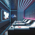 Modern Luxury Club Interior With Neon Lights Reclining Seats And Large Screens