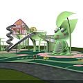 Colorful Children's Park Landscape With Pink Spiral Slide Green Slide Structure And Cartoon Frog