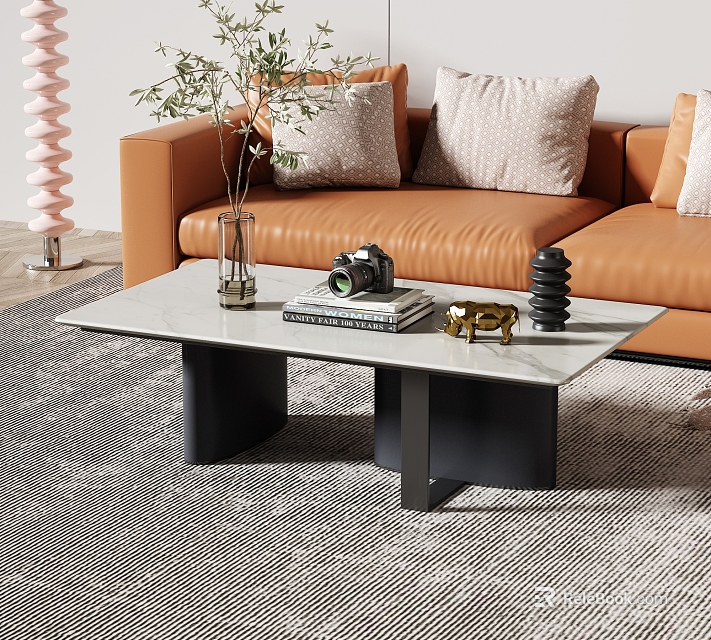 Modern Coffee Table With Marble Top Black Legs And Vase Plants Books Camera Decor 3d model 