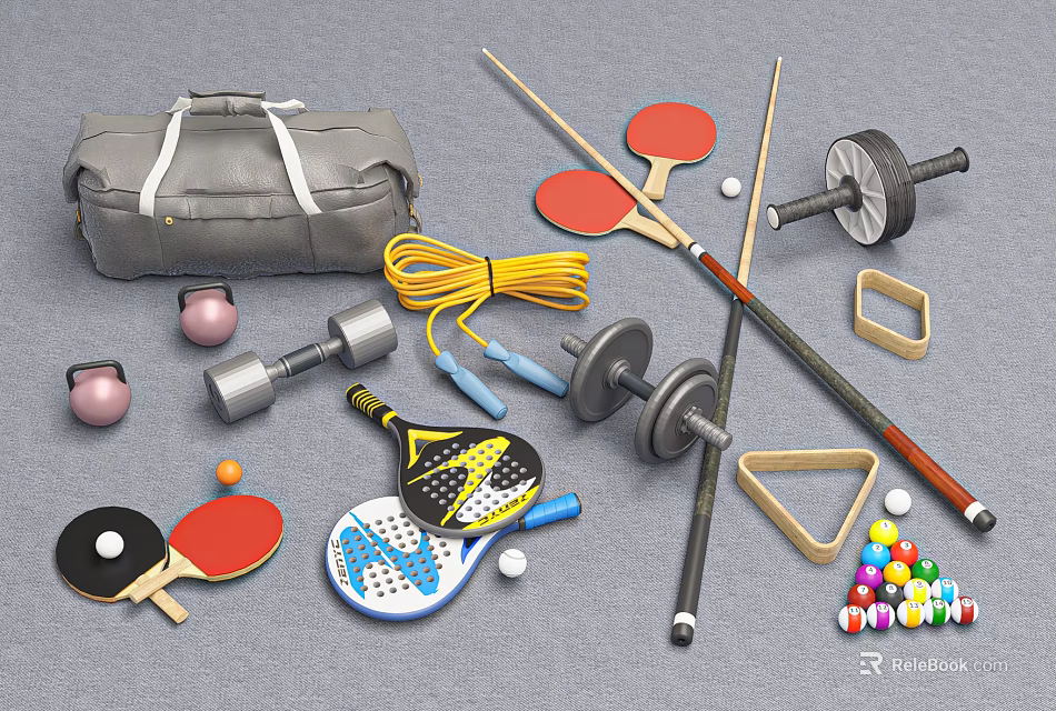 Various Sports Equipment Collection Featuring Dumbbells Jump Rope Table Tennis Paddles Billiards Cues And Balls 3d model 