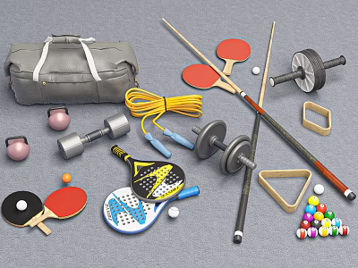 Various Sports Equipment Collection Featuring Dumbbells Jump Rope Table Tennis Paddles Billiards Cues And Balls 3d model
