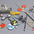 Various Sports Equipment Collection Featuring Dumbbells Jump Rope Table Tennis Paddles Billiards Cues And Balls