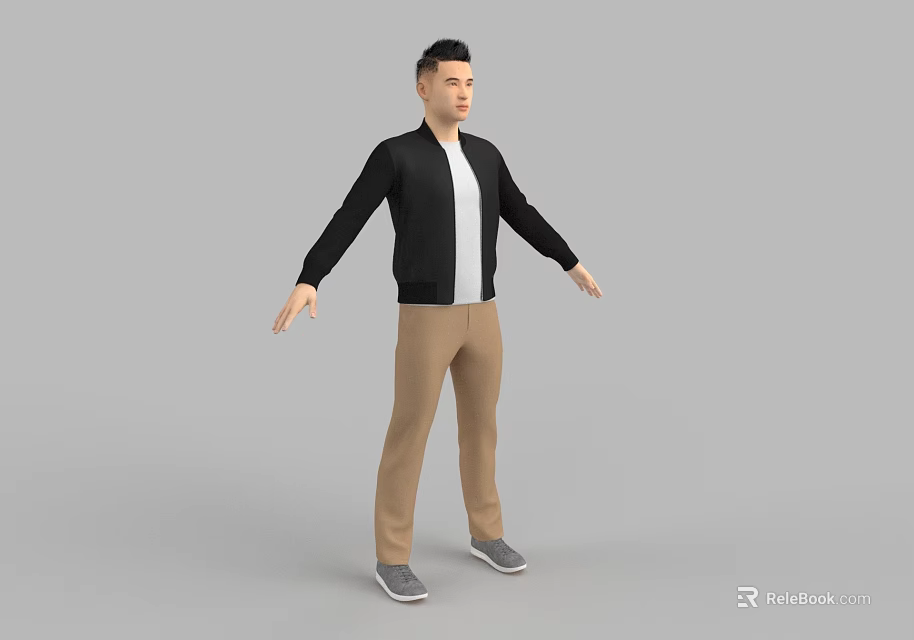A Man In Black Jacket White Shirt Khaki Pants And Gray Shoes With Arms Outstretched 3d model 
