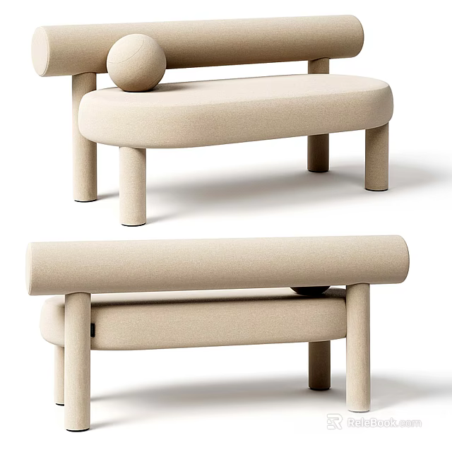 Beige Multi Seater Sofa In Contemporary Style With Rounded Armrests And Cylindrical Legs 3d model 