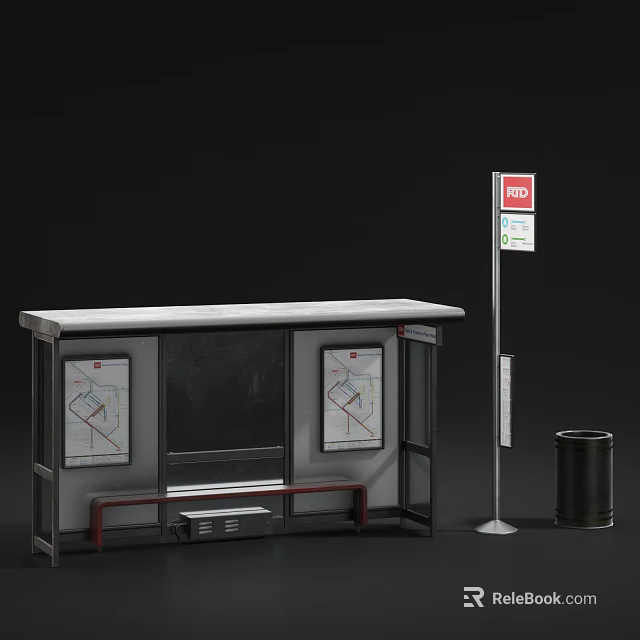 METRO Bus Station With Bench Information Display Maps And Trash Can 3d model 
