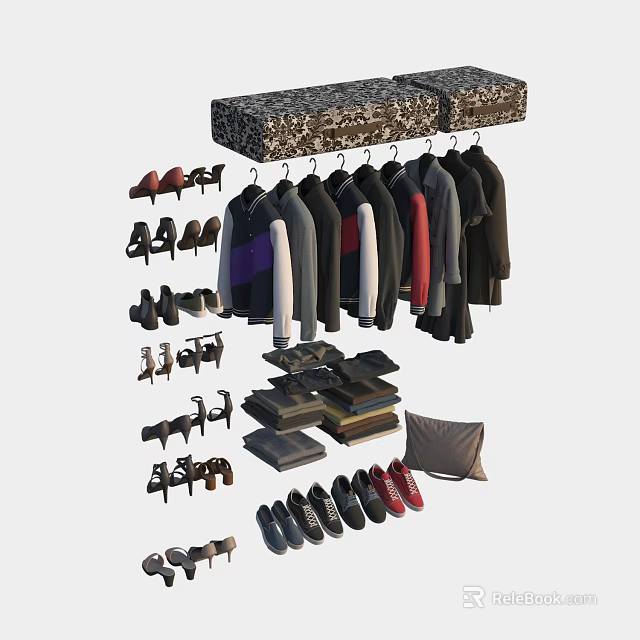 Assorted Hanging Clothes With Shoes Folded Items And Wardrobe Setup 3d model 