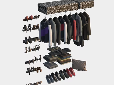 Assorted Hanging Clothes With Shoes Folded Items And Wardrobe Setup 3d model