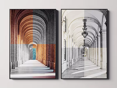 Arched Corridor Landscape Paintings In Warm And Cool Tones With Columns And Chandeliers 3d model