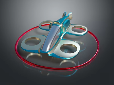 Modern Blue Metallic Drone Model With Red Circular Base And Four Propellers 3d model