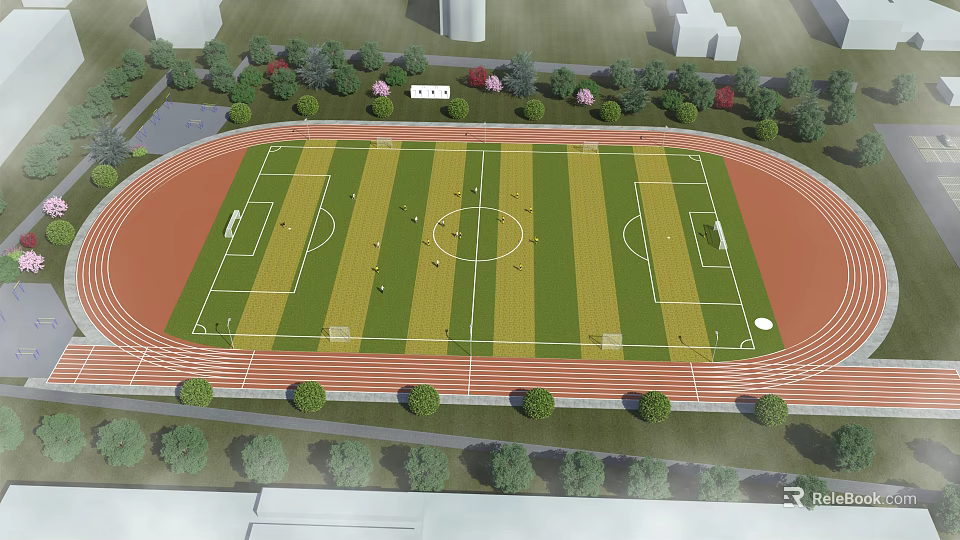 Football Field With Running Track Green Lawn And Surrounding Trees Layout 3d model 