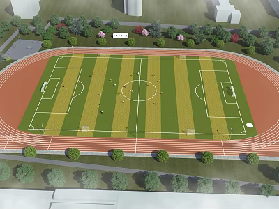 Football Field With Running Track Green Lawn And Surrounding Trees Layout 3d model