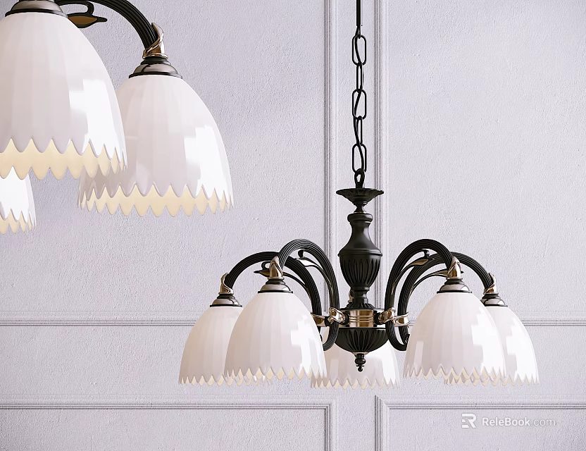 Elegant Chandelier With White Scalloped Lampshades And Black Frame Hanging On White Wall With Chain 3d model 