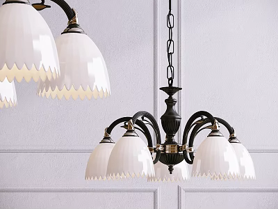 Elegant Chandelier With White Scalloped Lampshades And Black Frame Hanging On White Wall With Chain 3d model