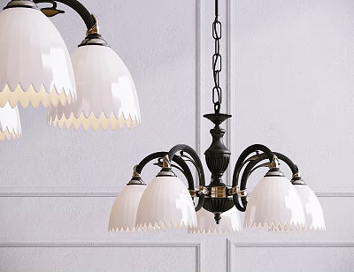 Elegant Chandelier With White Scalloped Lampshades And Black Frame Hanging On White Wall With Chain 3d model