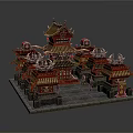 Cartoon Scene Of Chinese Traditional Architecture With Red Gold Roofs Curved Eaves And Multiple Pavilions