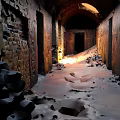 Dilapidated Corridor With Arched Structure Damaged Walls Debris Sand And Distant Light