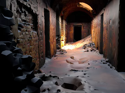 Dilapidated Corridor With Arched Structure Damaged Walls Debris Sand And Distant Light 3d model