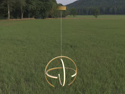 Golden Spherical Chandelier With Circular Ring Design In Green Grass Field And Trees Distant Mountains 3d model