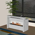 Modern White Marble Bar Counter With Burning Fireplace And Green Plant Near Black Blinds