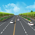 Municipal Road With Green Trees Street Lamps Vehicles Pedestrians And Paved Sidewalks