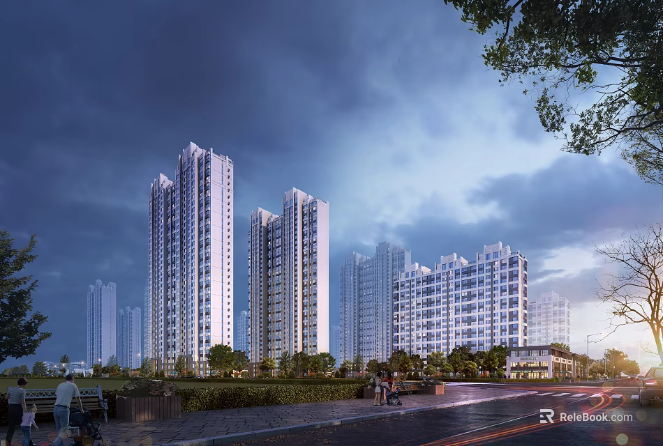 Modern High Rise Residential Buildings With Greenery And Evening Road View 3d model 