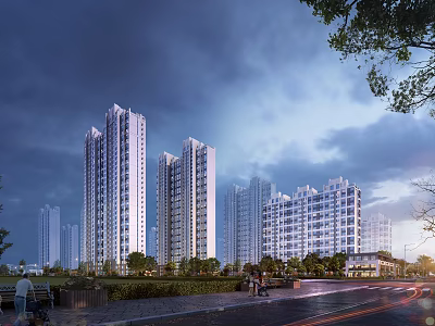 Modern High Rise Residential Buildings With Greenery And Evening Road View 3d model