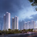 Modern High Rise Residential Buildings With Greenery And Evening Road View
