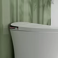 Sleek White Modern Toilet In Bathroom Interior With Green Wall And Palm Leaves
