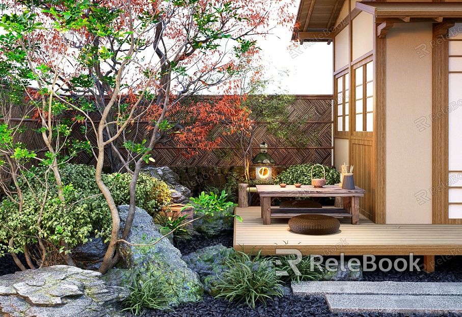 Japanese-style tea room dry landscape courtyard landscape plant pile stone shrub water bowl landscape tree model