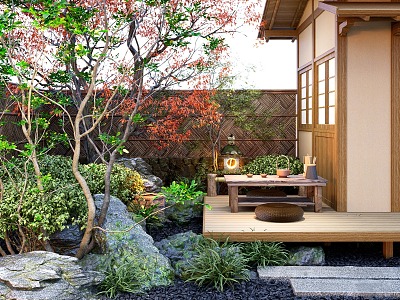 Japanese-style tea room dry landscape courtyard landscape plant pile stone shrub water bowl landscape tree model