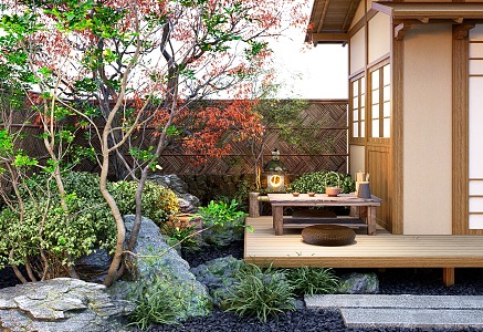 Japanese-style tea room dry landscape courtyard landscape plant pile stone shrub water bowl landscape tree 3d model