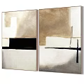 Set of Two Abstract Paintings with Geometric Lines Beige White Background and Various Colored Frames