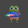 3D Green Frog Game Character Wearing Blue Shirt Brown Shorts Holding Pizza Box Cola