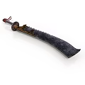 Vintage Handcrafted Weapon Featuring Curved Textured Blade And Decorative Hilt With Rope Detail