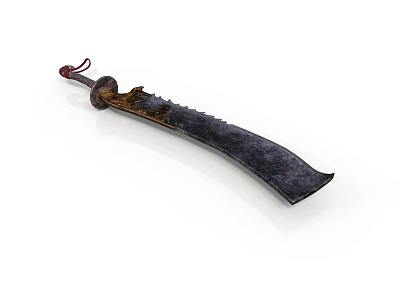 Vintage Handcrafted Weapon Featuring Curved Textured Blade And Decorative Hilt With Rope Detail 3d model