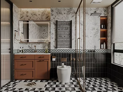 Elegant Modern Bathroom Interior With Brown Vanity Black White Checkerboard Tile And Shower Area 3d model