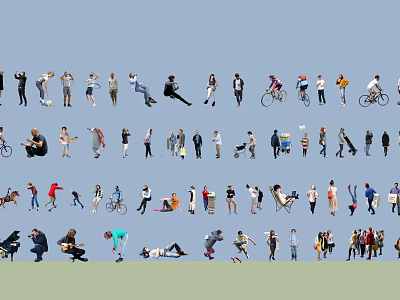 Diverse People in Various Poses and Activities Including Walking Cycling and Sitting 3d model