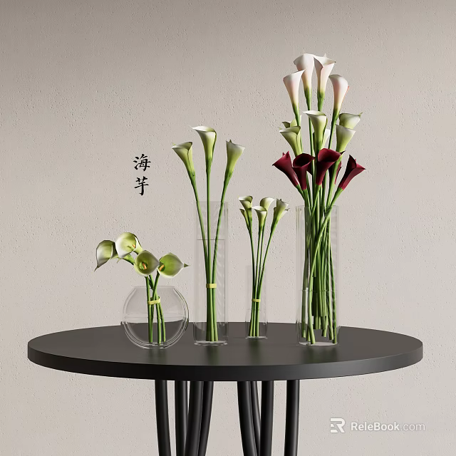 White and Red Calla Lilies in Transparent Glass Vases on Black Round Table Light Wall 3d model 