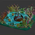 Lush Natural Pond Scene With Tall Reeds Lily Pads Green Plants Rocks And Small Boat