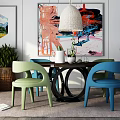 Dining Table Set with Round Table Colorful Chairs Pendant Light and Decorative Art 3d model