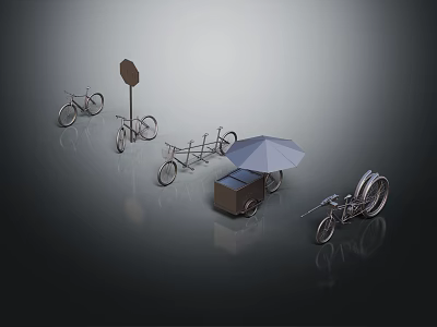 Group of People with Various Bicycle Models Tandem Bike Umbrella Cart Road Sign Metallic Finish 3d model