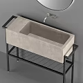 Modern Minimalist Concrete Washbasin Design With Black Metal Stand Round Mirror And Faucet