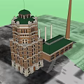 Historic Tower Style Office Building Exterior Design With Adjacent Chimney And Low Rise Structure