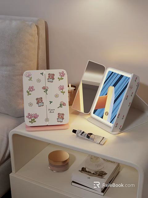 Cute Cartoon Pattern Lighted Vanity Mirror With Bear And Floral Designs 3d model 