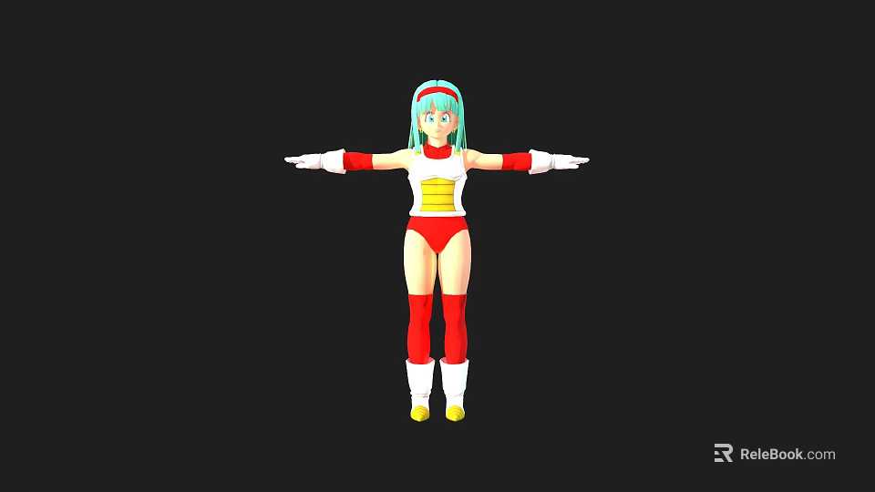 3D Game Movie Character With Turquoise Hair Red White Outfit Yellow Midsection And Arms Outstretched 3d model 