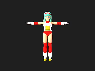 3D Game Movie Character With Turquoise Hair Red White Outfit Yellow Midsection And Arms Outstretched 3d model