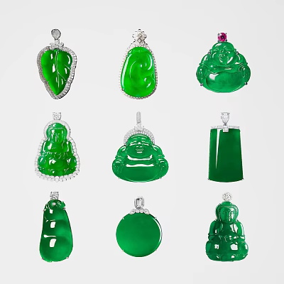 Jadeite Jewelry Pendants With Leaf Buddha Round Disc And Diamond Encrusted Borders 3d model