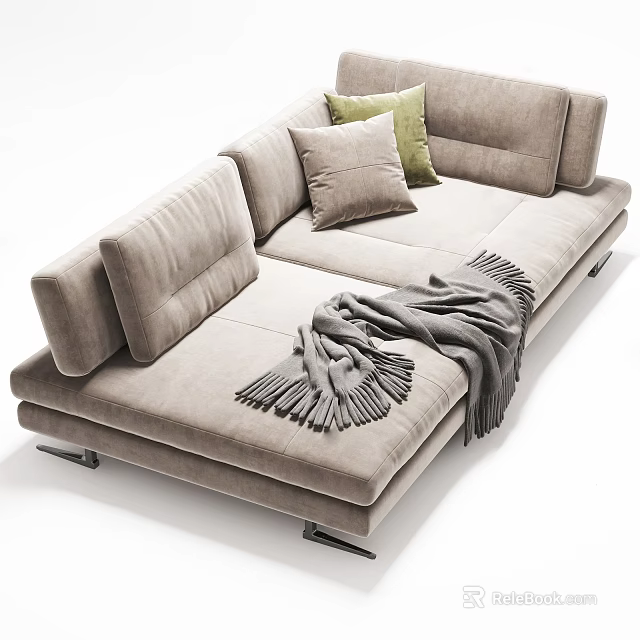Modern Light Gray Sofa With Green Beige Pillows And Gray Throw Blanket 3d model 