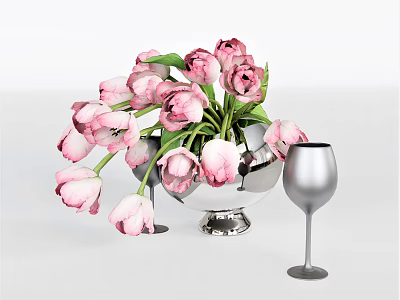 Elegant Pink Tulips in Silver Vase with Wine Glass on White Background 3d model