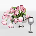 Elegant Pink Tulips in Silver Vase with Wine Glass on White Background